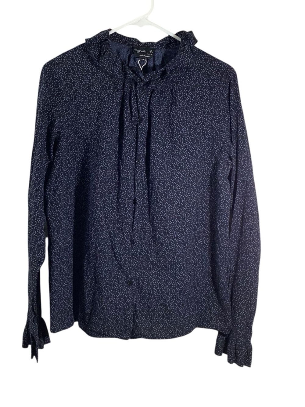 Agnes B. Navy Blue Dotted Ruffle Tie-Neck Blouse